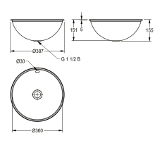 KWC Rundbecken, RONDO, Edelstahl, Sdm, 387x155 mm, Überlauf, Ab-u.überlaufgarn