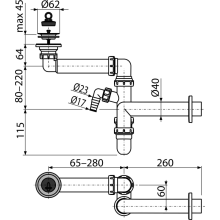 Alcadrain Raumsparsiphon DN40  für die Waschbecken DN63 mit Geräteanschluss
