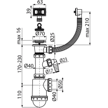 Alcadrain Spülbeckensiphon mit einem Edelstahlgitter DN 70, einem Flexiwasserüberlauf und Garäteanschluss