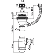 Alcadrain Spülbeckensiphon mit einem Edelstahlgitter DN115 und einem Flexiwasserüberlauf