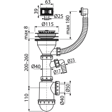 Alcadrain Spülbeckensiphon mit einem Edelstahlgitter DN 115, einem Flexiwasserüberlauf und einem Geräteanschluss