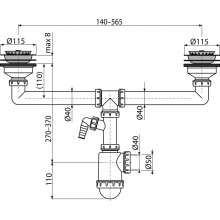 Alcadrain Doppelspülbeckensiphon mit einem Edelstahlgitter DN 115 und einem Geräteanschluss