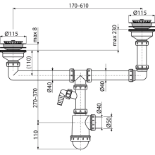 Alcadrain Doppelspülbeckensiphon mit einem Edelstahlgitter DN115 doppelstufig und einem Geräteanschluss