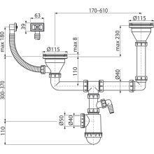 Alcadrain Doppelspülbeckensiphon mit einem Edelstahlgitter DN115 doppelstufig, mit Überlauf und einem Geräteanschluss