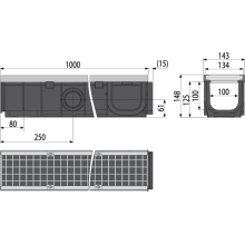 Alcadrain AVZ103-R104 Entwässerungsrinne 100 mm mit Metallrand und Rost verzinkt C250