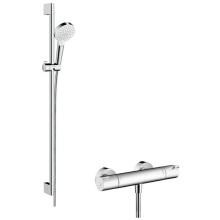 hansgrohe Crometta Brausesystem Aufputz Vario mit Ecostat 1001 CL Thermostat und Brausestange 90 cm, Weiß/Chrom