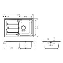 hansgrohe S44 S440-A342 79 Einbauspüle 342 mit Abtropffläche kurz und automatischer Ablaufgarnitur, Edelstahl