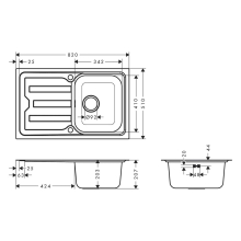 hansgrohe S44 S440-F342 79 Einbauspüle 342 mit Abtropffläche kurz und automatischer Ablaufgarnitur, Edelstahl