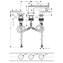 AXOR MyEdition 3-Loch Waschtischarmatur 70 mit Push-Open Ablaufgarnitur ohne Platte, Chrom