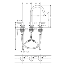 AXOR One 3-Loch Waschtischarmatur 170 mit Hebelgriffen und Push-Open Ablaufgarnitur, Chrom